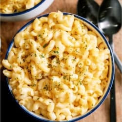 Top view of a large bowl of Instant Pot Creamy Macaroni and Cheese.