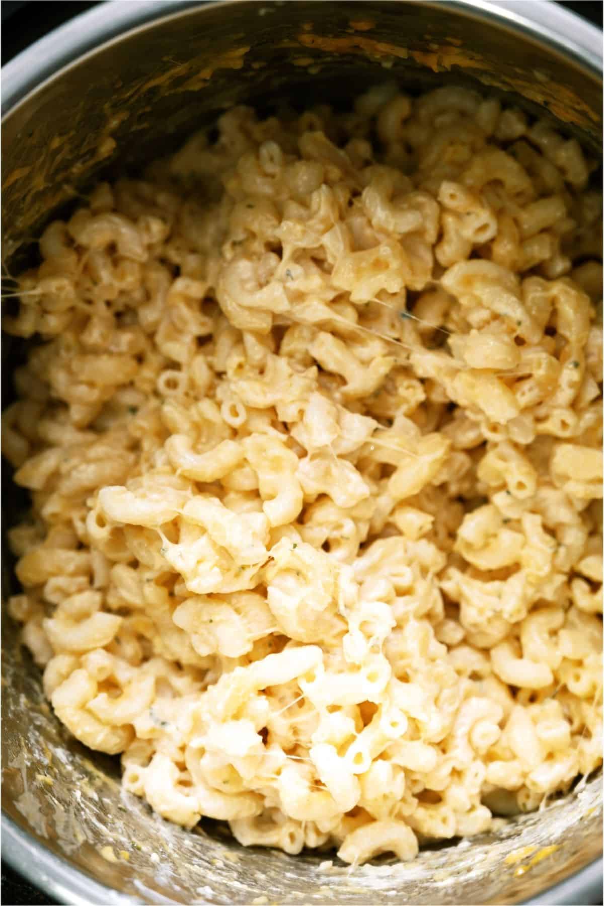 Top view of the inside of the Instant Pot filled with creamy mac and cheese.