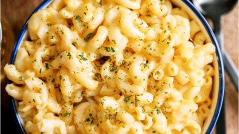 Top view of a large bowl of Instant Pot Creamy Macaroni and Cheese.