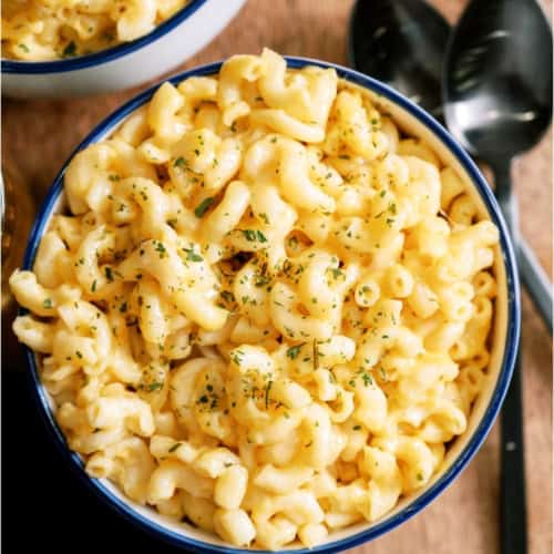 Top view of a large bowl of Instant Pot Creamy Macaroni and Cheese.
