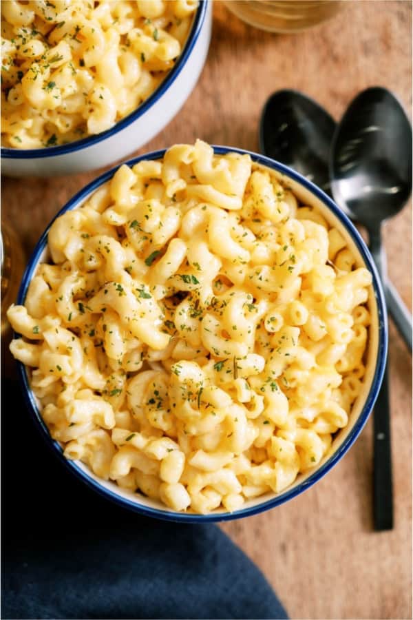 Top view of a large bowl of Instant Pot Creamy Macaroni and Cheese.