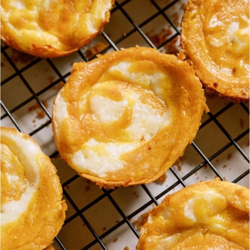 Top view of Mini Pumpkin Cheesecakes on a cooling rack.
