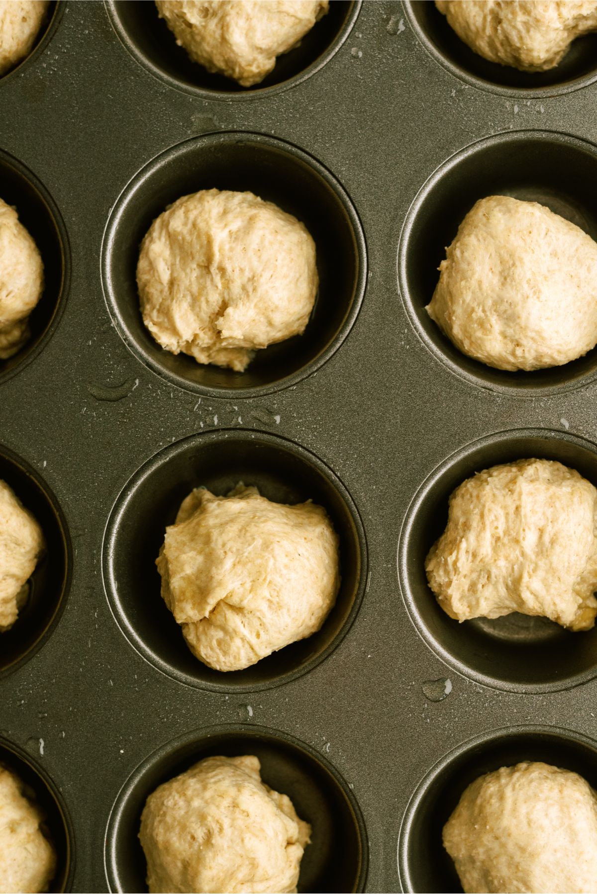 No Knead Honey Wheat Dinner Rolls dough in muffin tin