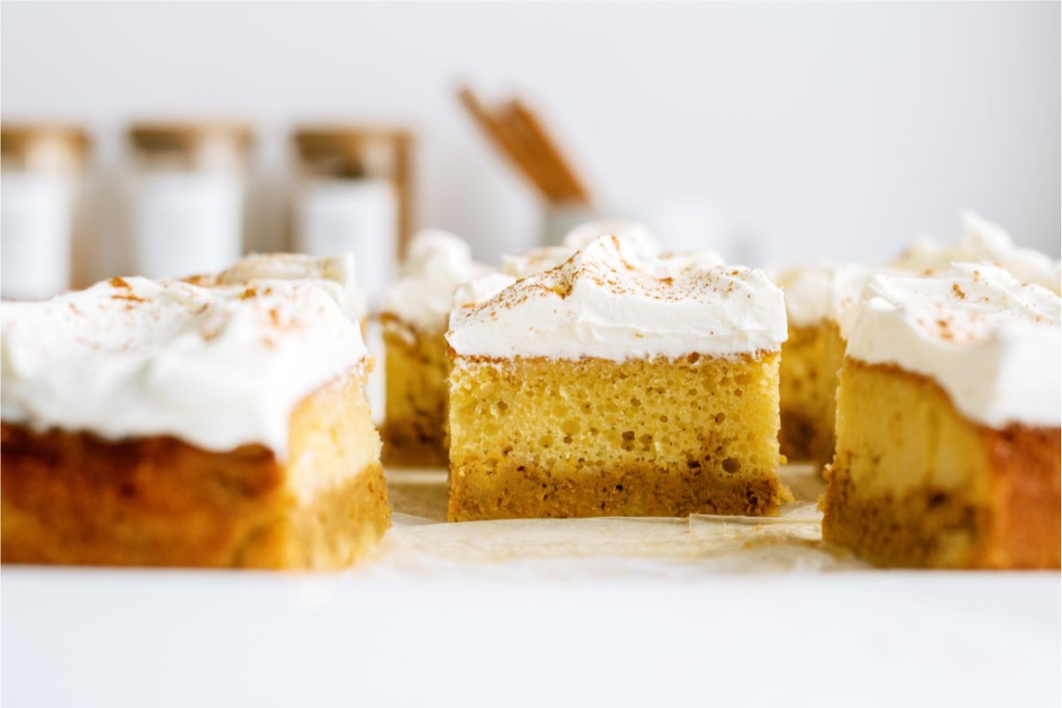 Side view of Pumpkin Layered Magic Cake cut into squares
