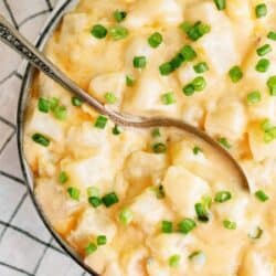 Bowl of cheesy potato casserole topped with chopped green onions, with a metal serving spoon inside, on a checkered cloth.