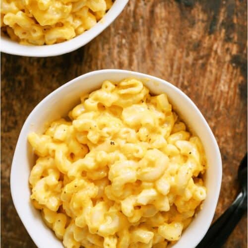 2 bowls of Slow Cooker Creamy Macaroni and Cheese.