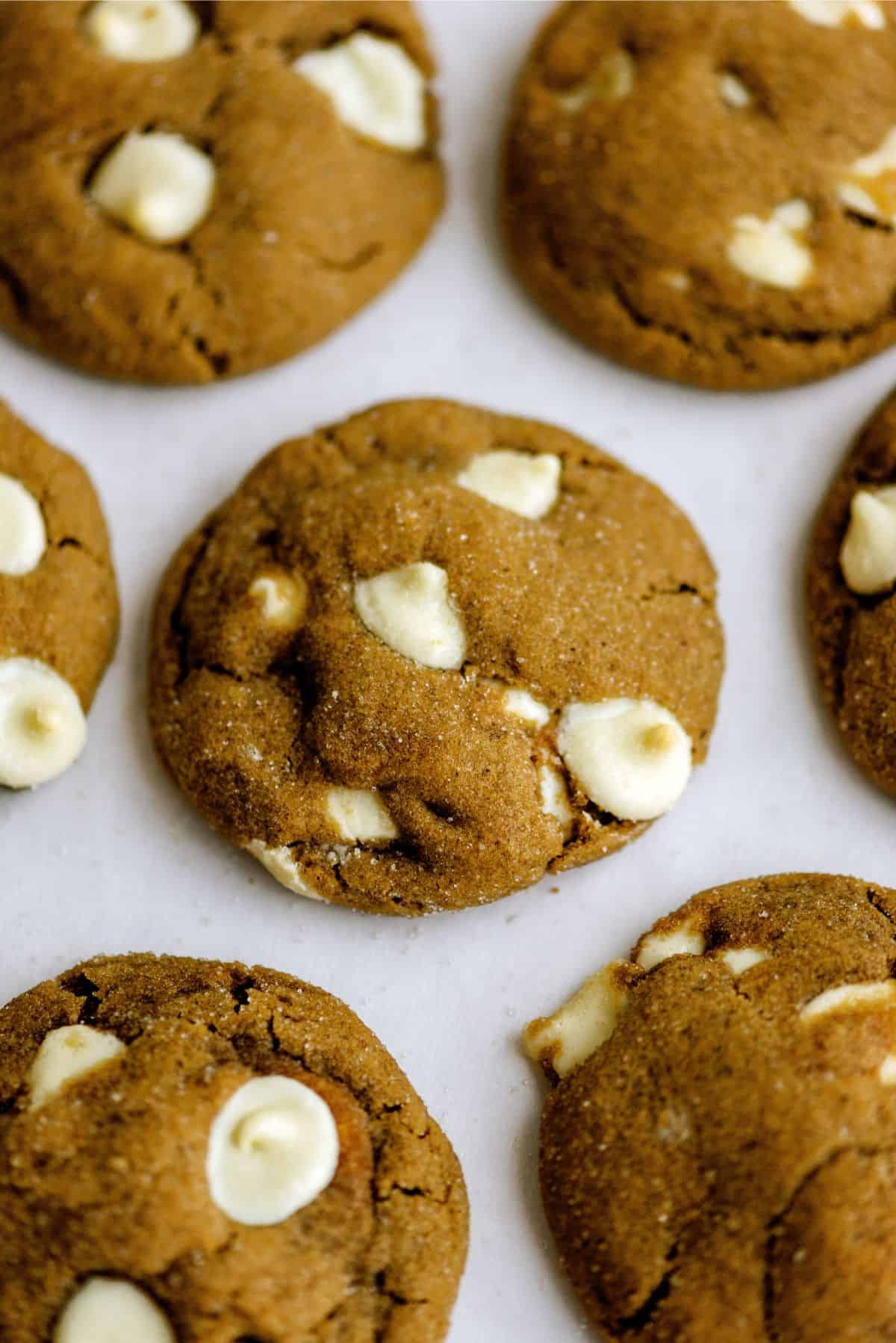 Close up of freshly baked White Chocolate Chip Gingerbread Cookies.