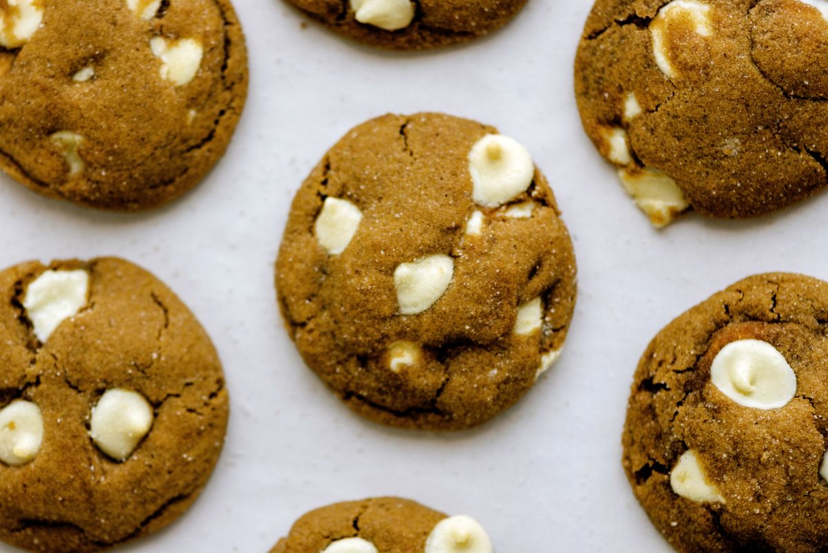 Close up of Soft White Chocolate Chip Gingerbread Cookies