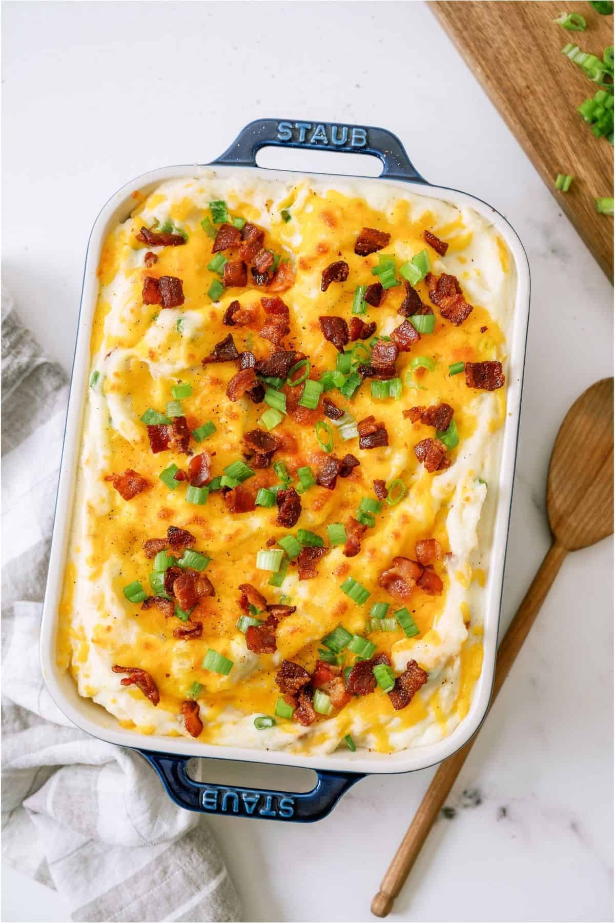 Twice Baked Potato Casserole in a glass baking dish.