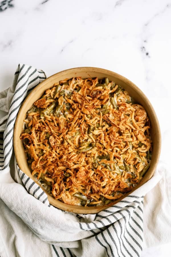Classic Green Bean Casserole baked in casserole dish.