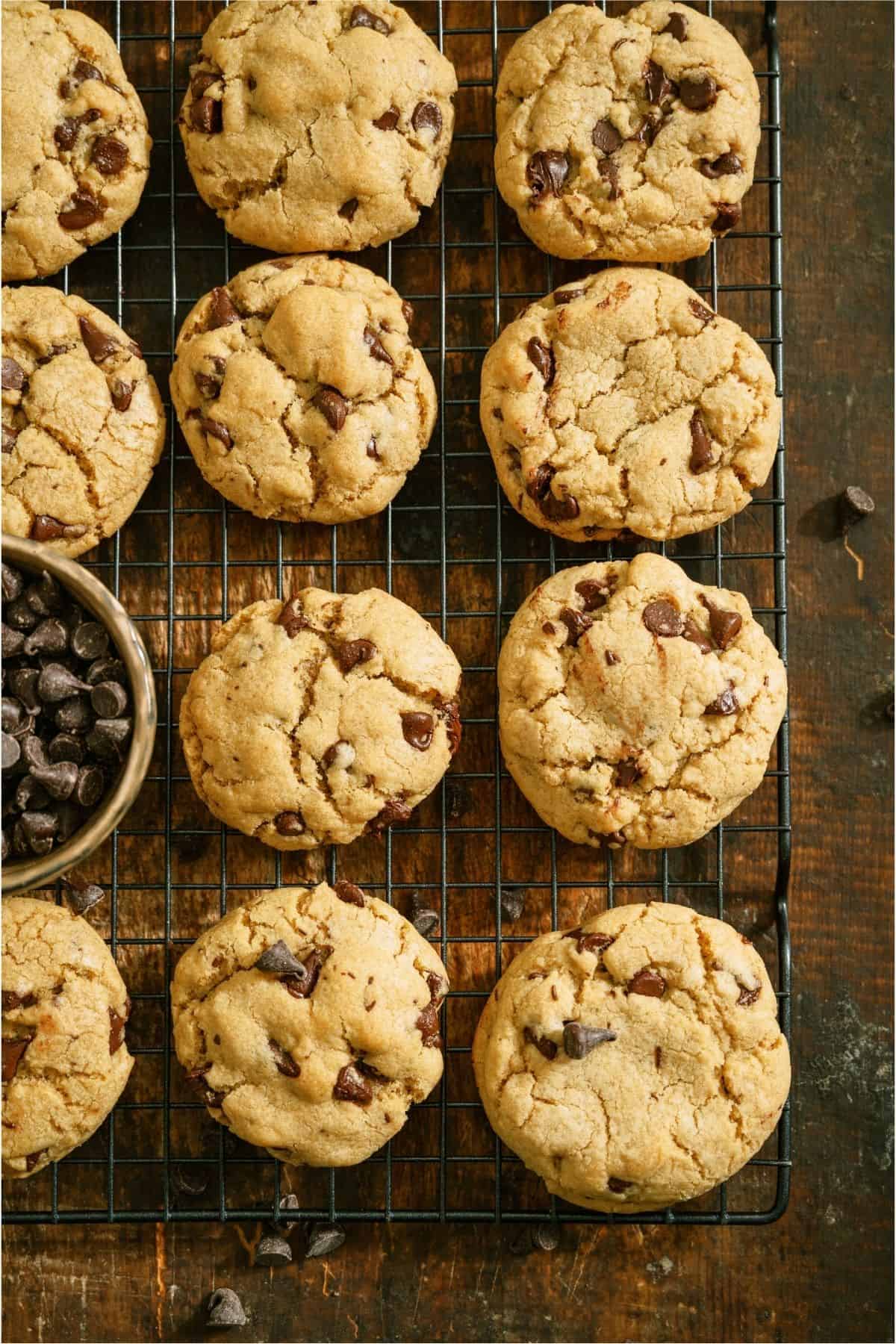 Chewy Chocolate Chip Cookies on a cooling rack with a small bowl of chocolate chips.