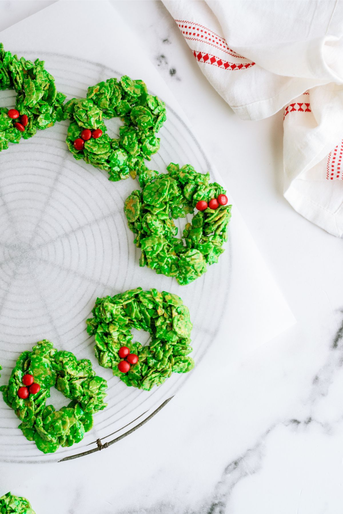Cornflake Christmas Wreath Cookies arranged in a circle