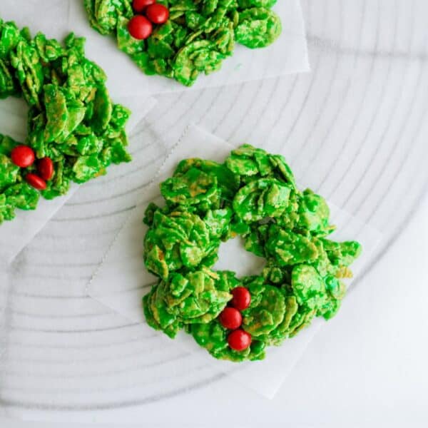 Top view of 3 Cornflake Christmas Wreath Cookies.