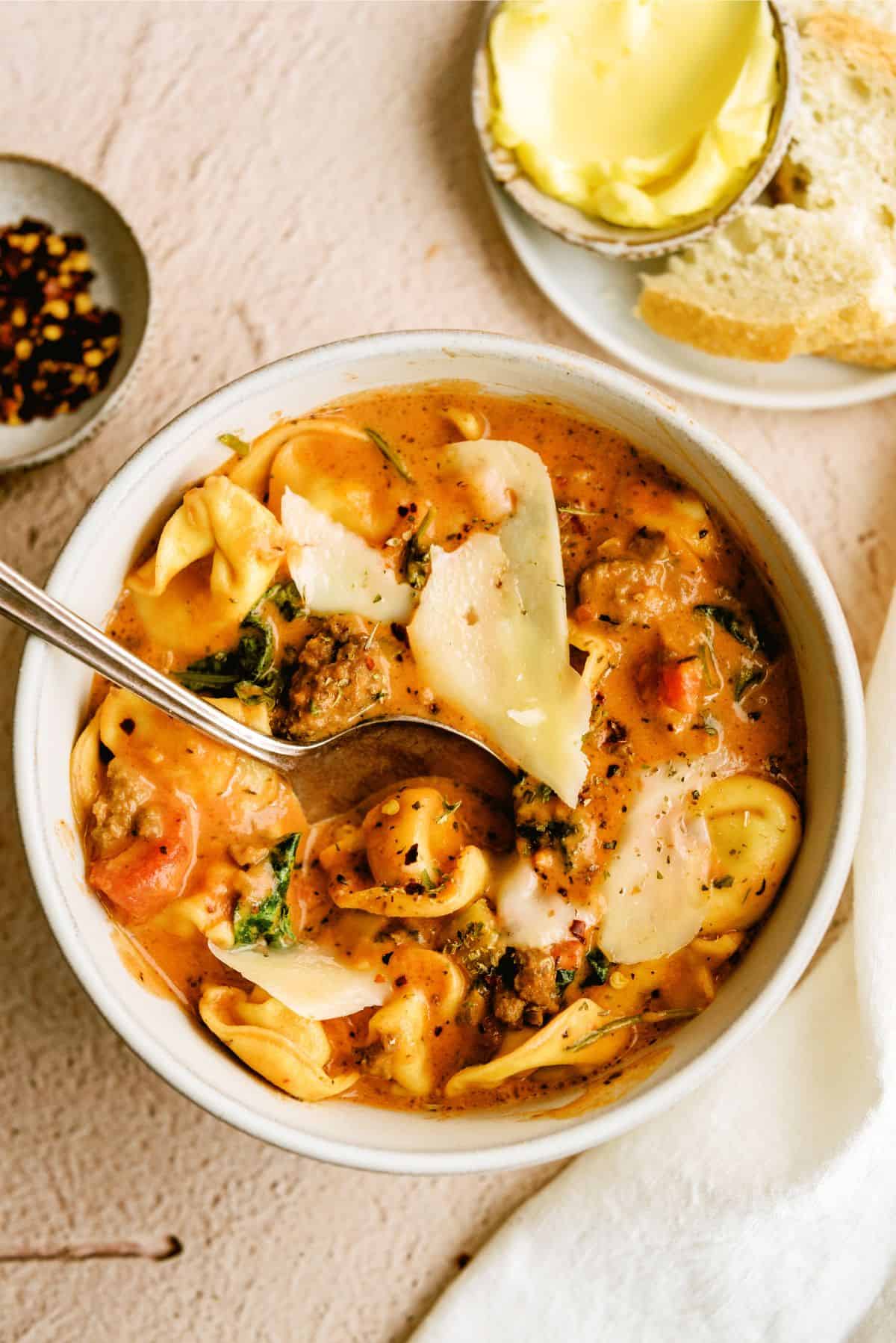 Close up of a bowl of Easy Sausage Tortellini Soup