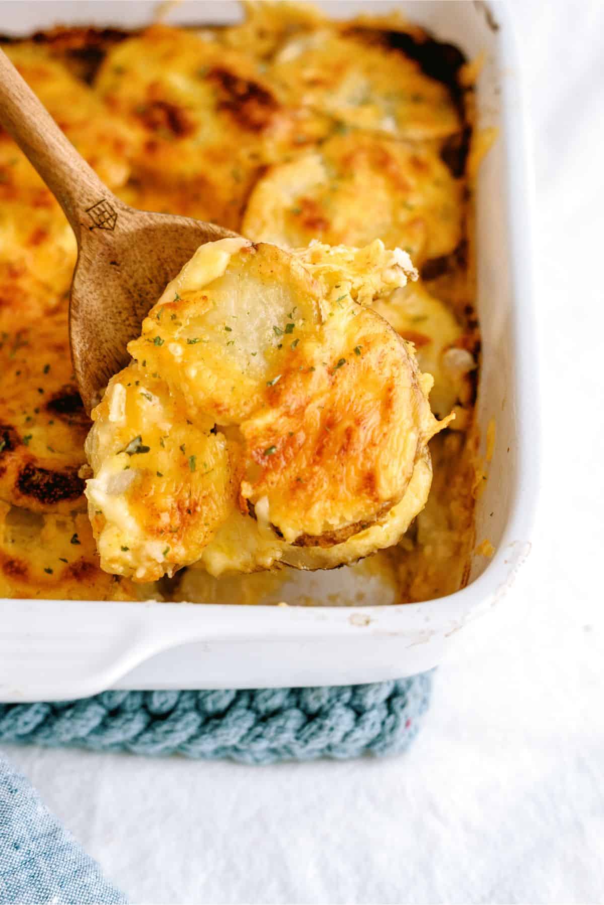 Top view of a pan of Homemade Scalloped Potatoes