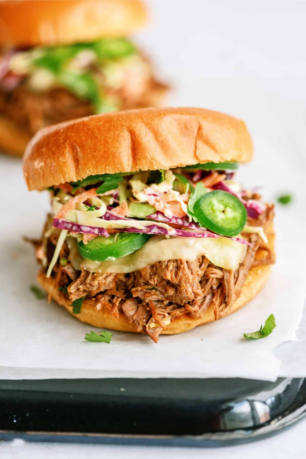 Close up of Instant Pot Southwest Shredded Beef Sandwich