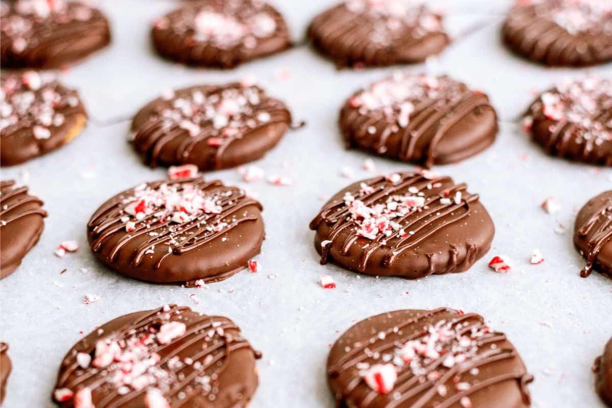 No Bake Thin Mint Ritz Cracker Cookies on a wax paper lined baking sheet