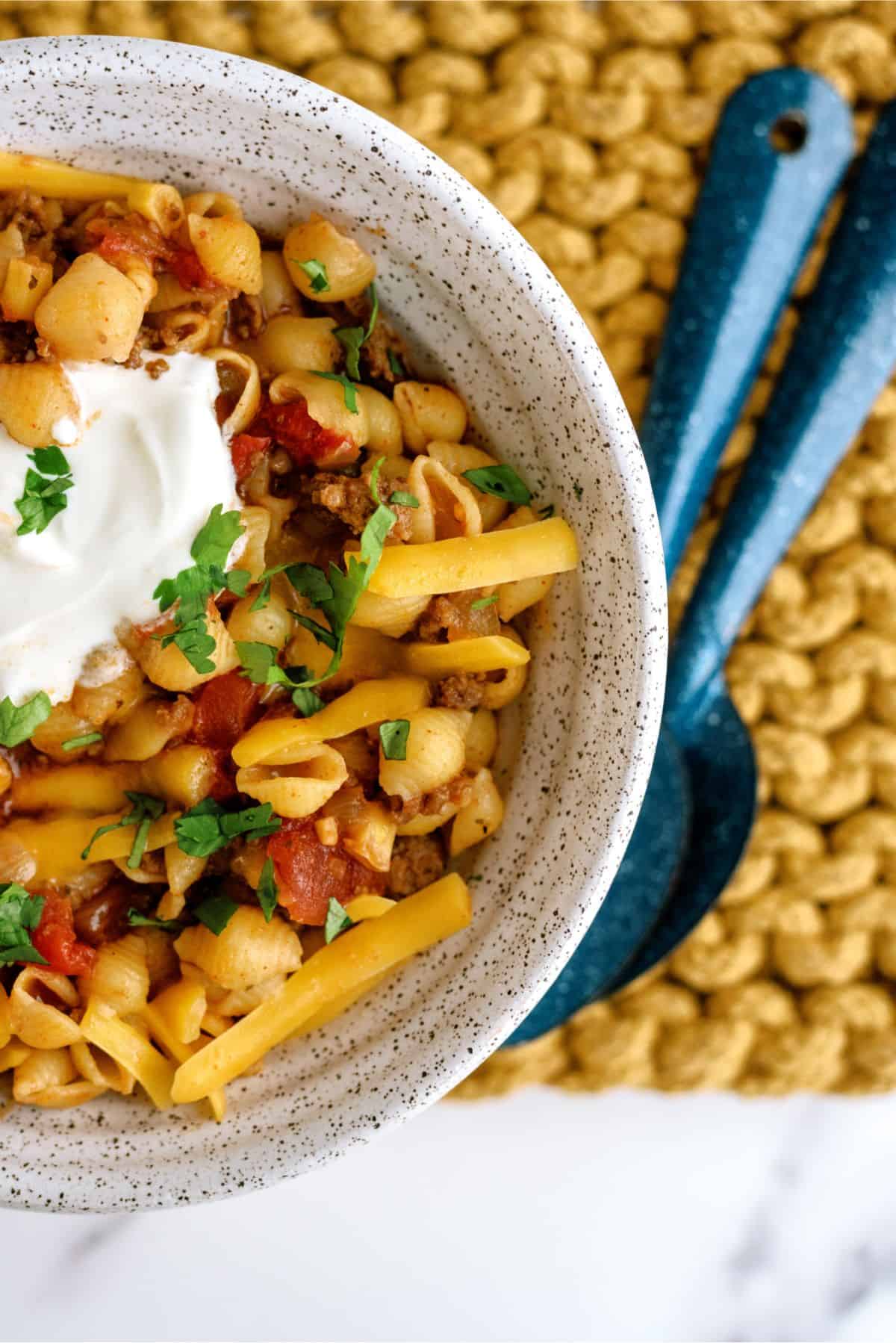 Close up of a bowl of Slow Cooker Cheesy Beef Taco Pasta