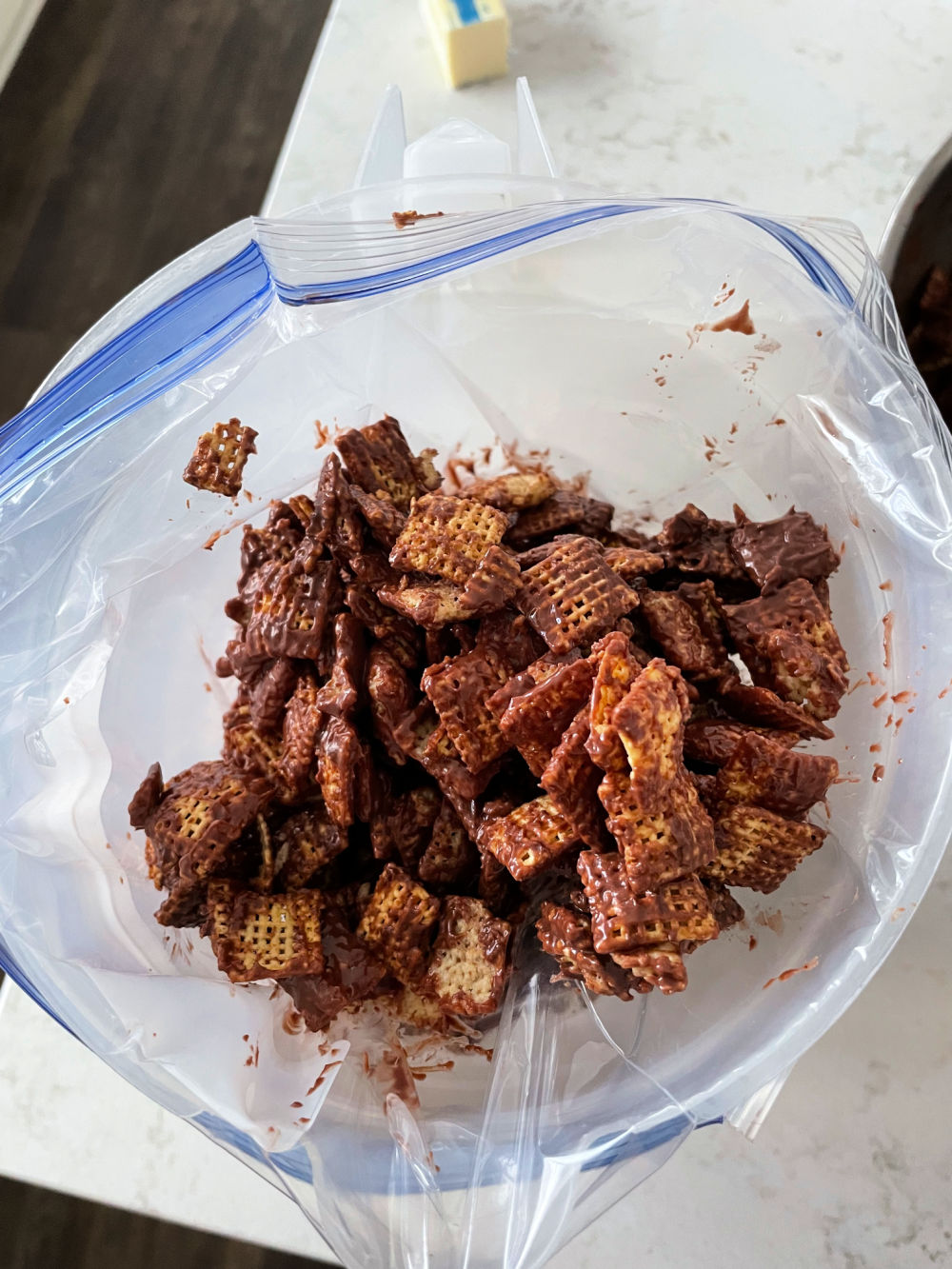 cereal coated with chocolate in a plastic bag