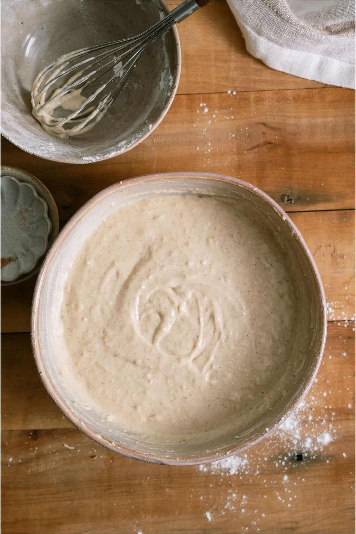 Baked Pancake batter in a mixing bowl.