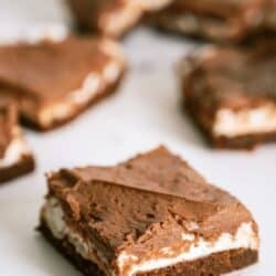 Mom's Famous Chocolate Marshmallow Brownies cut into squares on a white background.