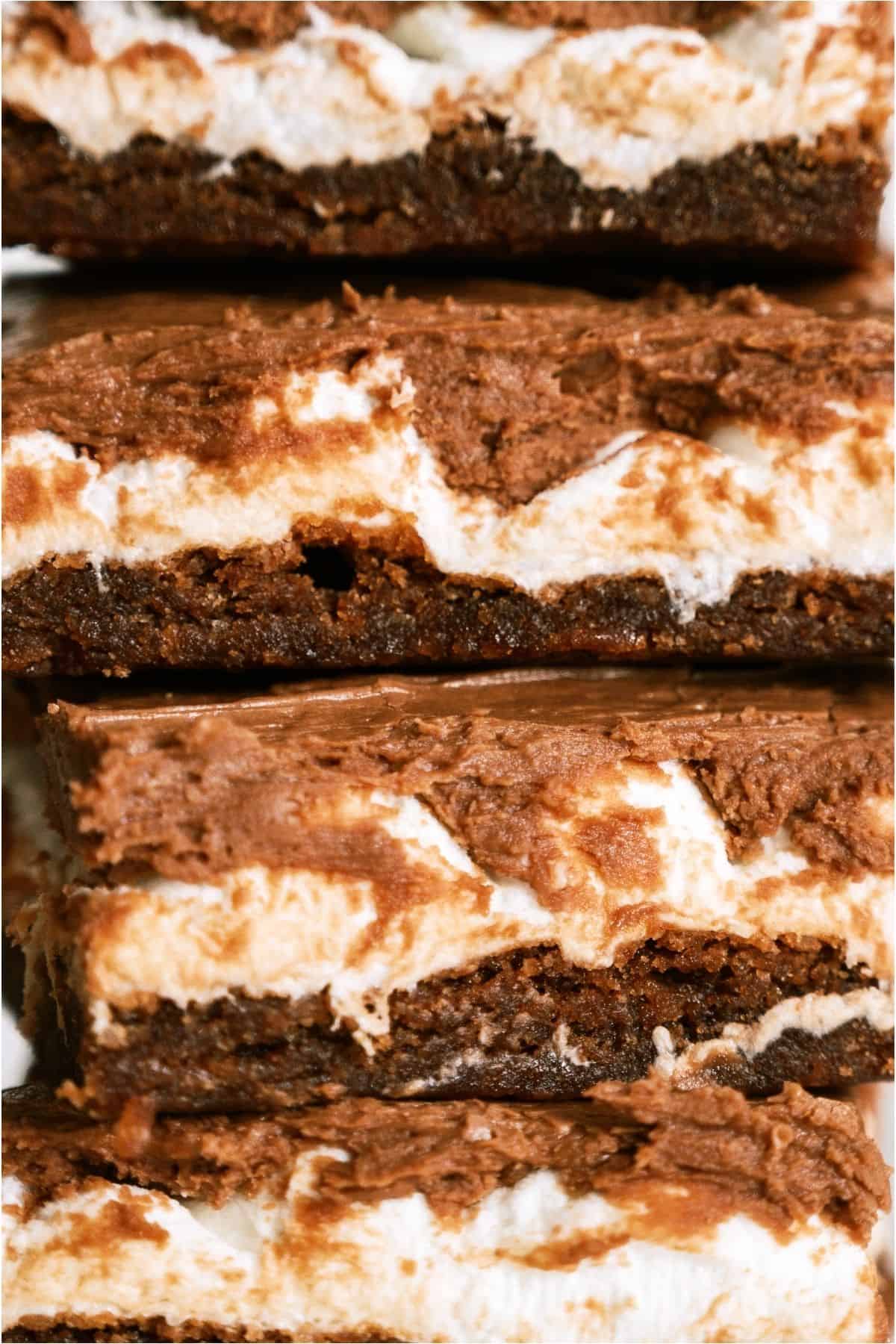 Close up view of Mom's Famous Chocolate Marshmallow Brownies stacked.