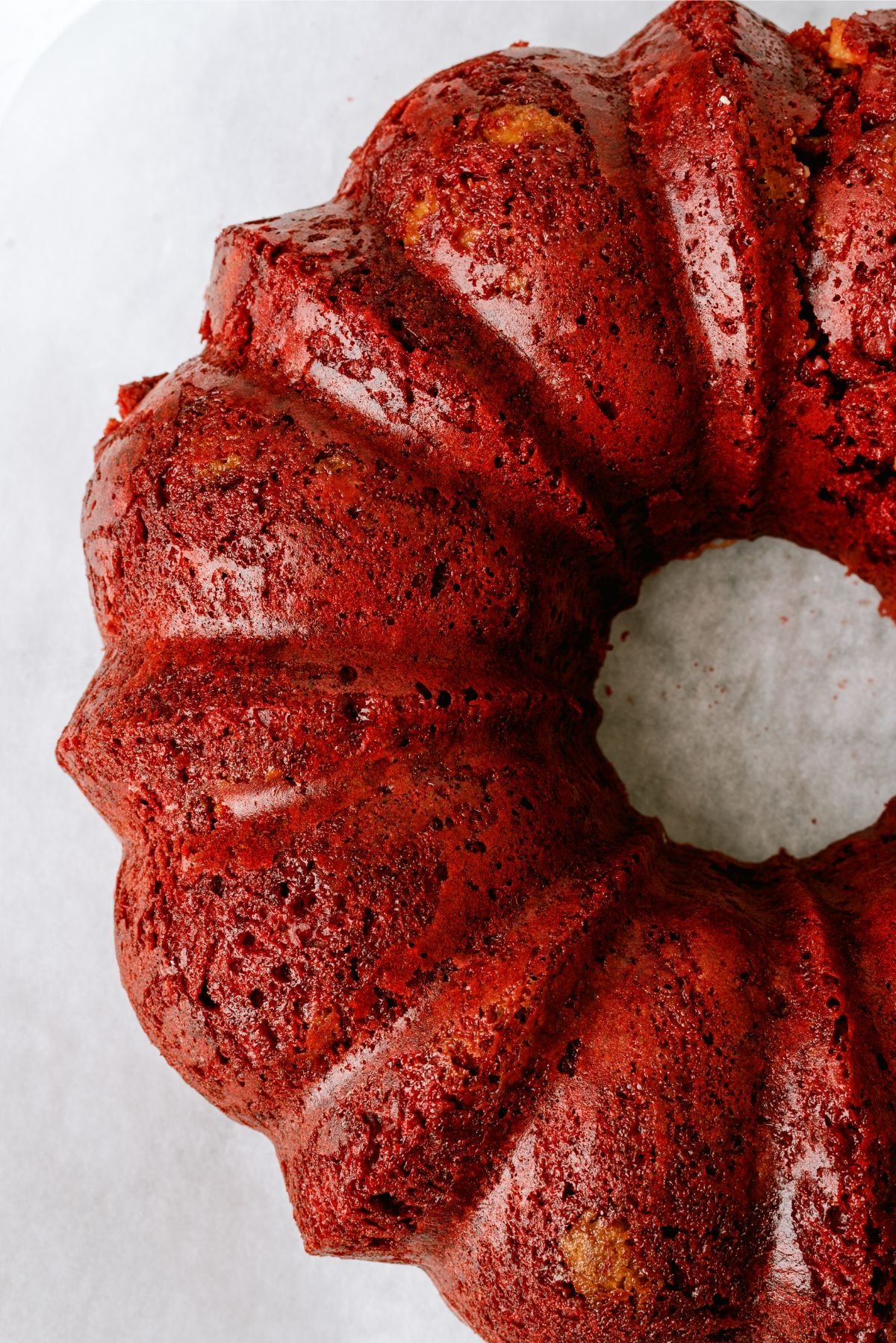 Top view of Red Velvet Bundt Cake without frosting
