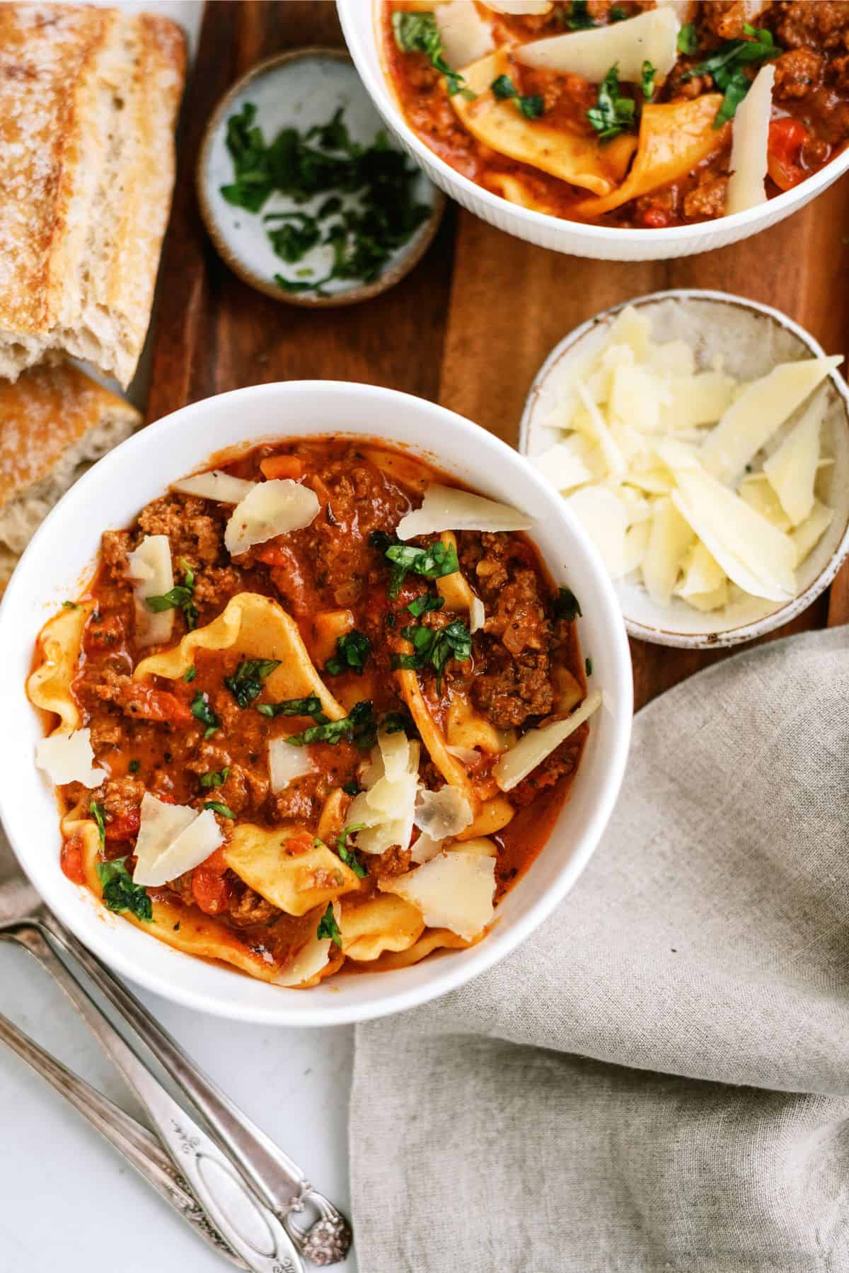 2 bowls of Slow Cooker Beef Lasagna Soup