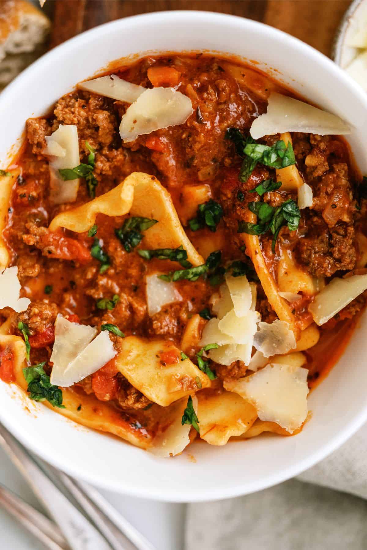 Close up of a bowl of Slow Cooker Beef Lasagna Soup