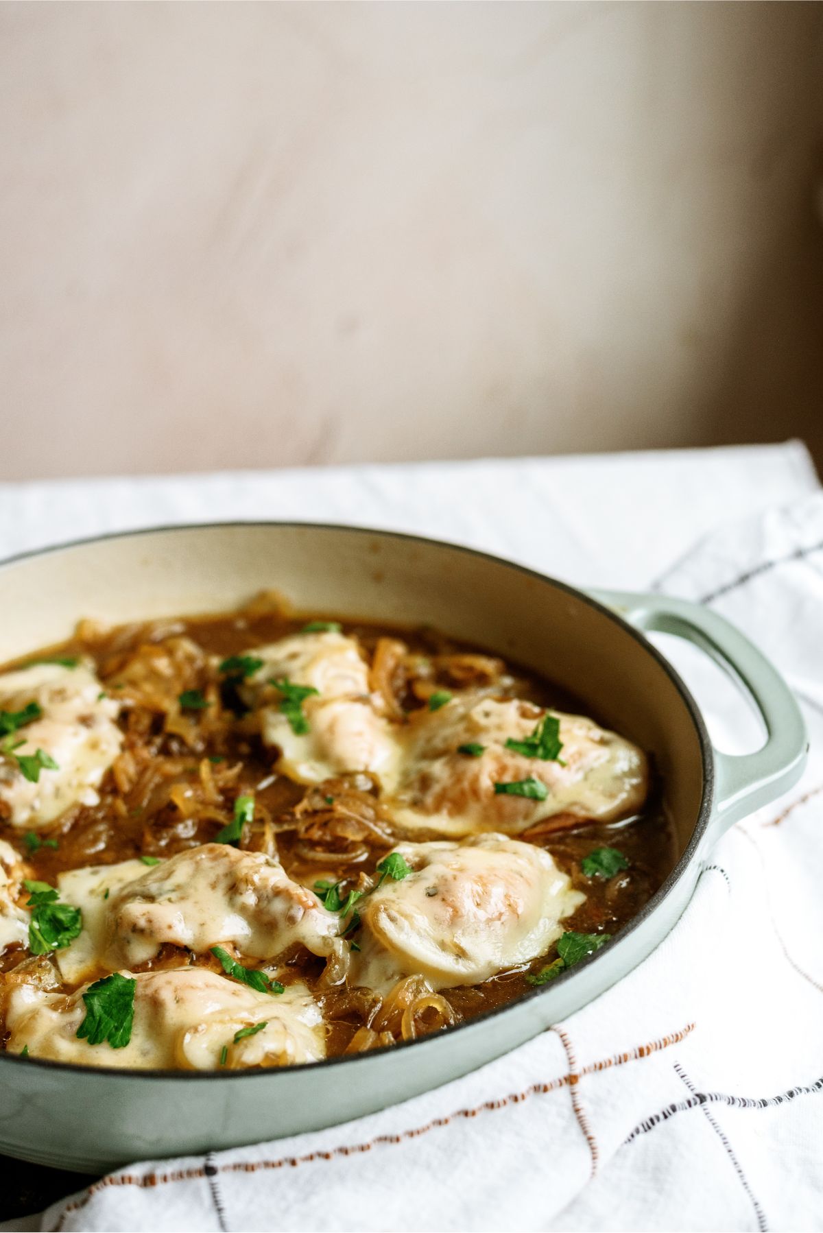 Slow Cooker French Onion Chicken in a pan
