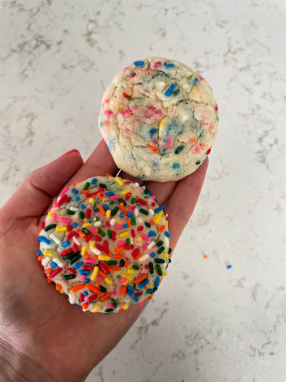 One cookie with sprinkles on top and the other without