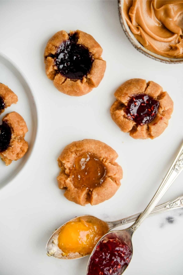 Overhead shot of 5-ingredient peanut butter jam thumbprint cookies.
