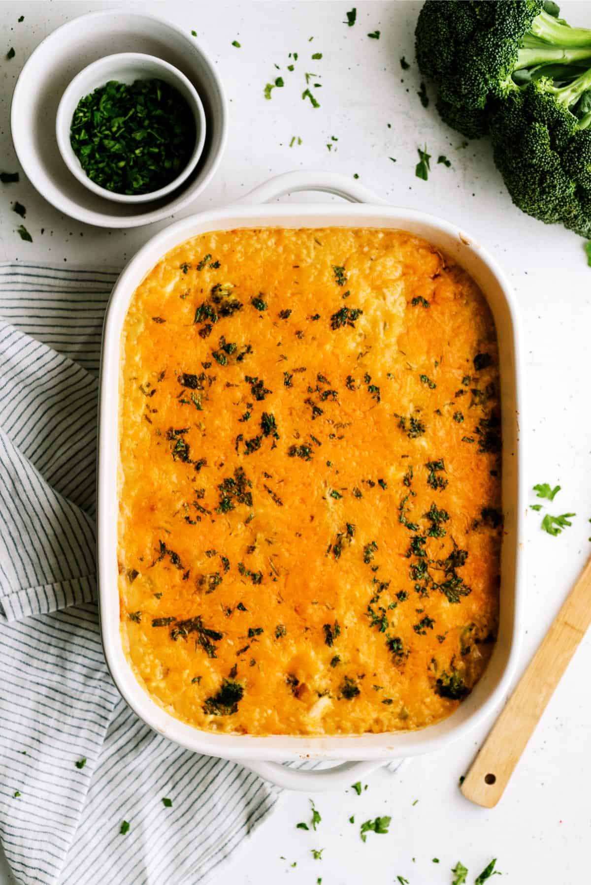 Cheesy Chicken Broccoli Rice Casserole Recipe (No Soup) in a casserole dish