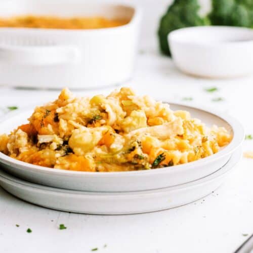 cheesy chicken broccoli rice casserole on a plate
