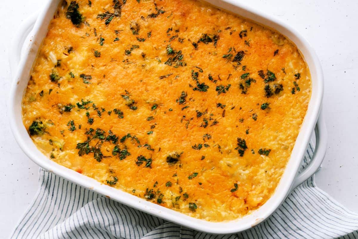 Top view of Cheesy Chicken Broccoli Rice Casserole Recipe (No Soup) in a casserole dish