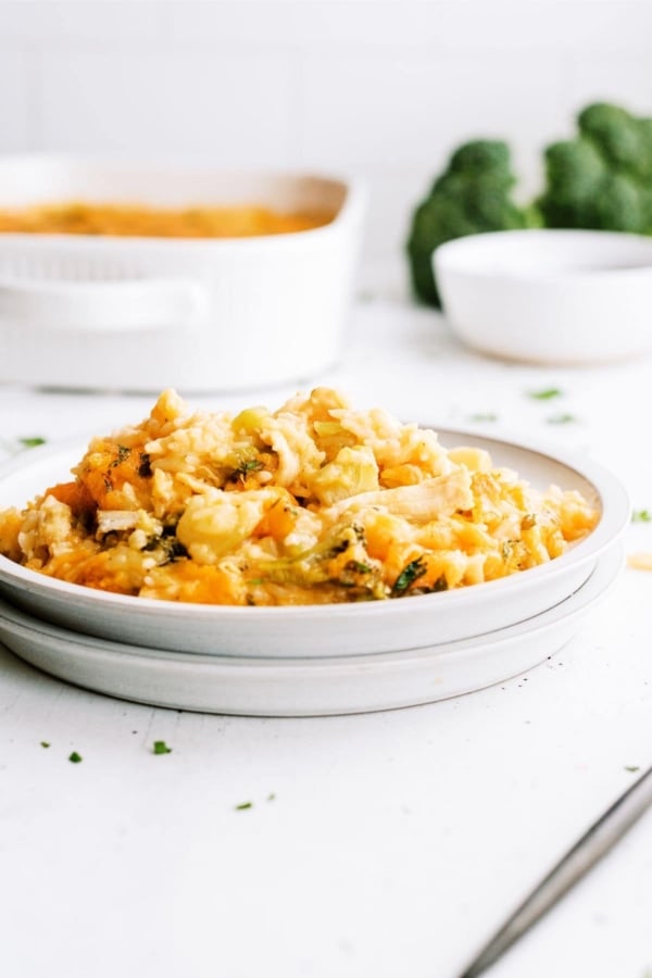 cheesy chicken broccoli rice casserole on a plate