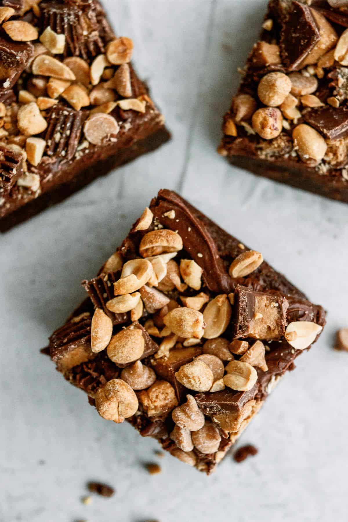 Top view of 3 Reese’s Brownies cut into squares