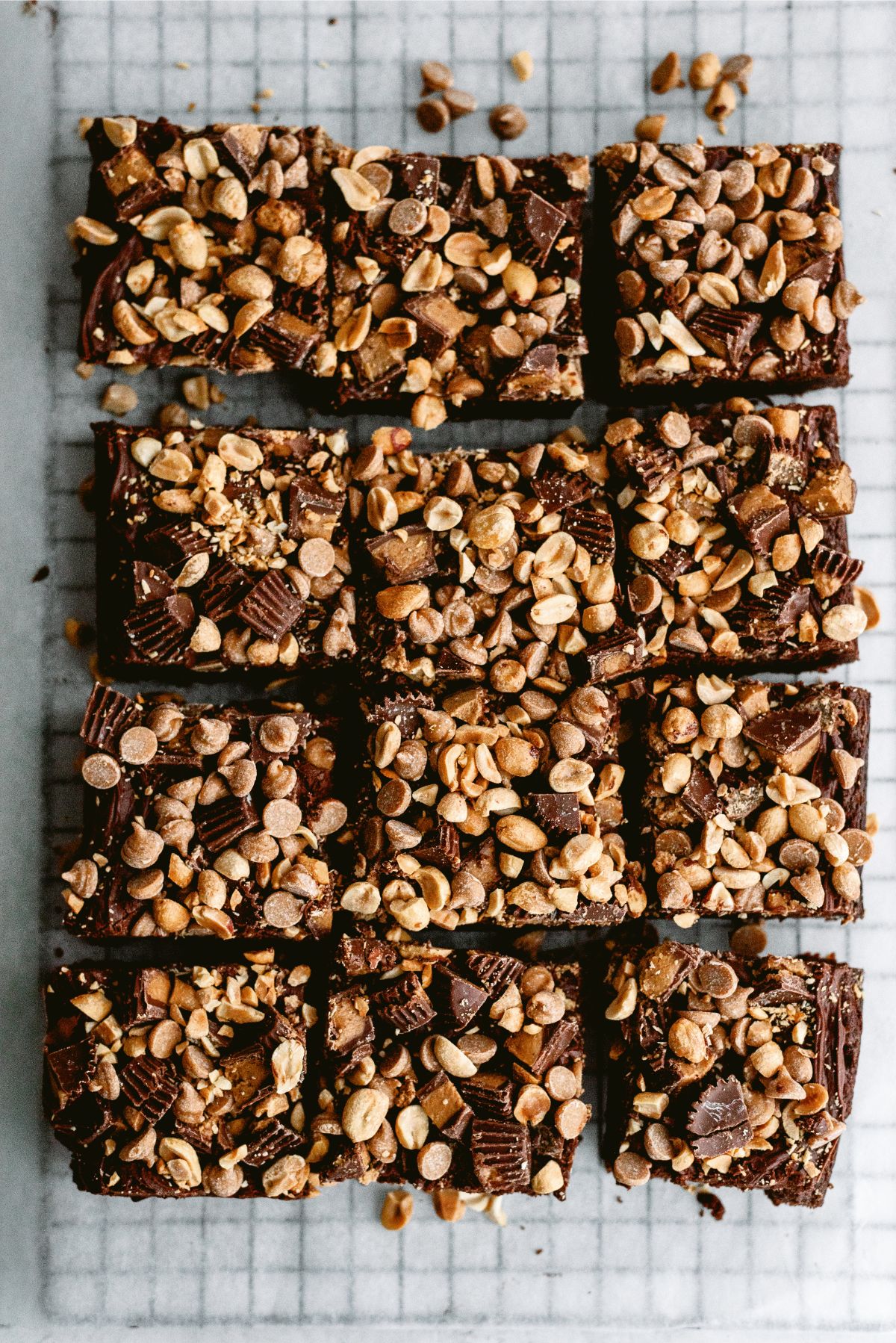 Reese’s Brownies cut into squares on a cooling rack
