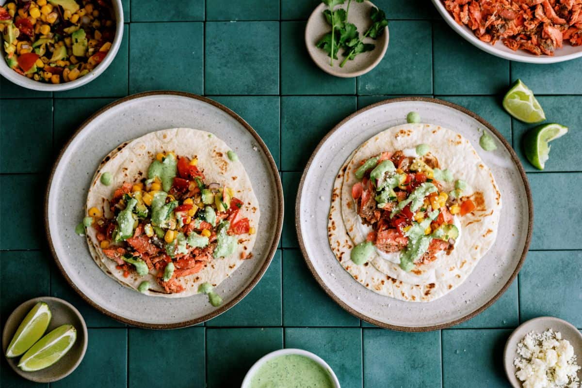 2 Blackened Salmon Tacos on plates