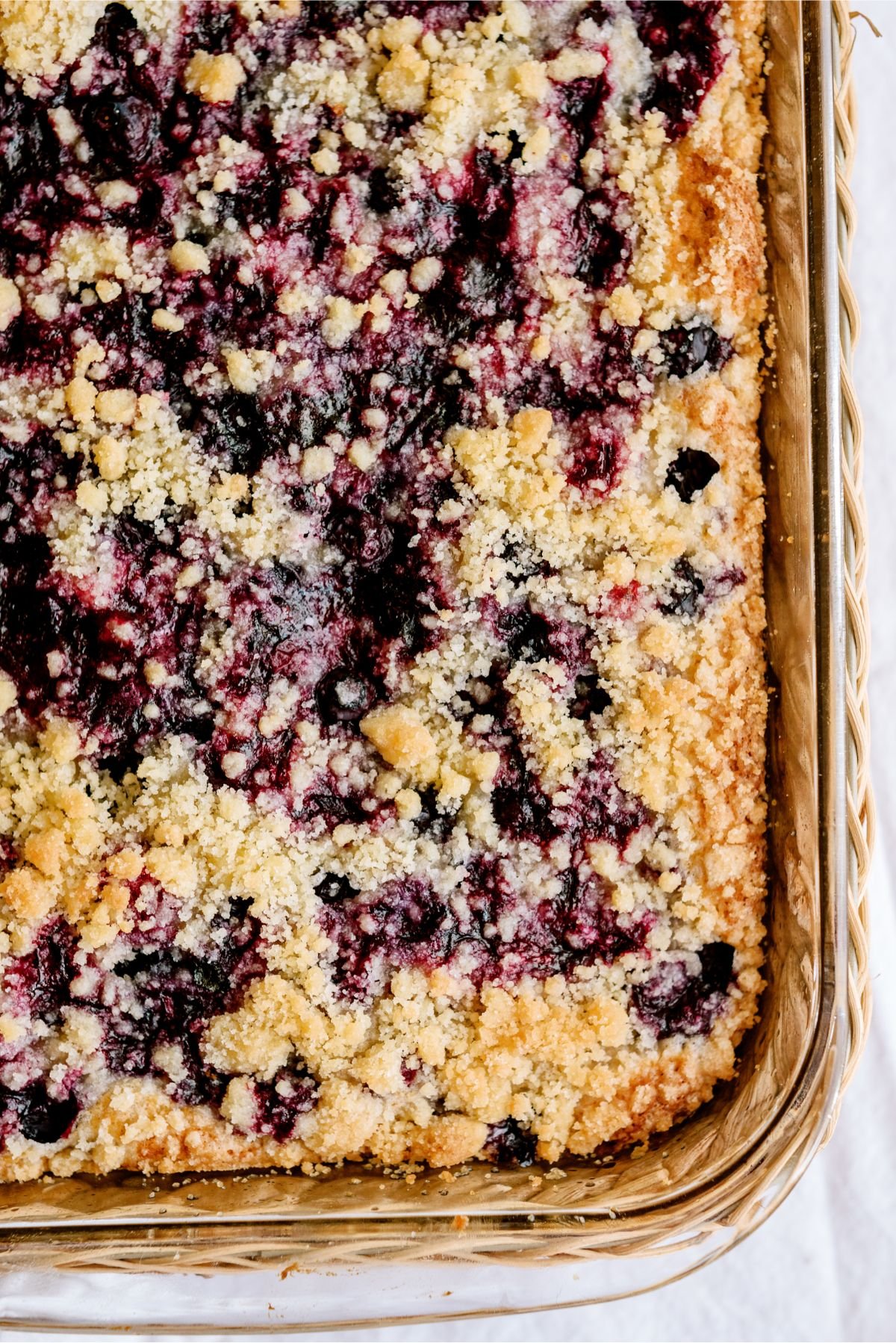 Close up of Blueberry Coffee Cake in baking dish
