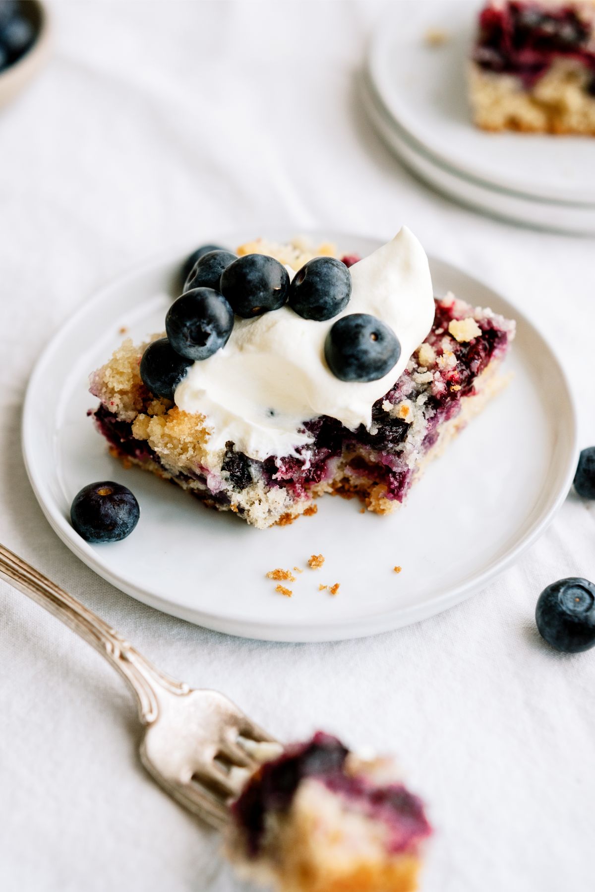 Blueberry Coffee Cake square on a plate with whipped topping and a fork with a bite of cake on it