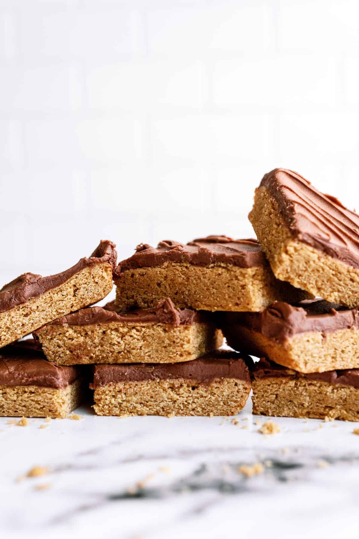 Cake Mix Peanut Butter Bars cut into squares stacked