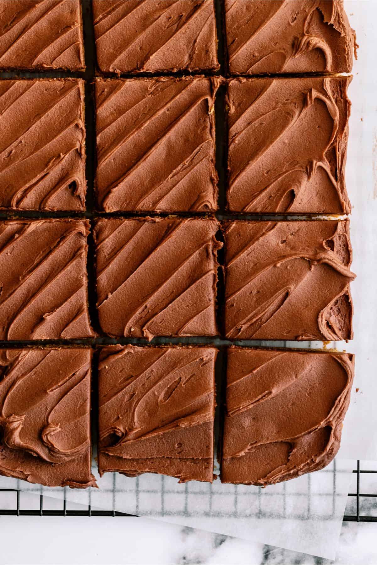 Top view of Cake Mix Peanut Butter Bars on a cooling rack cut into squares