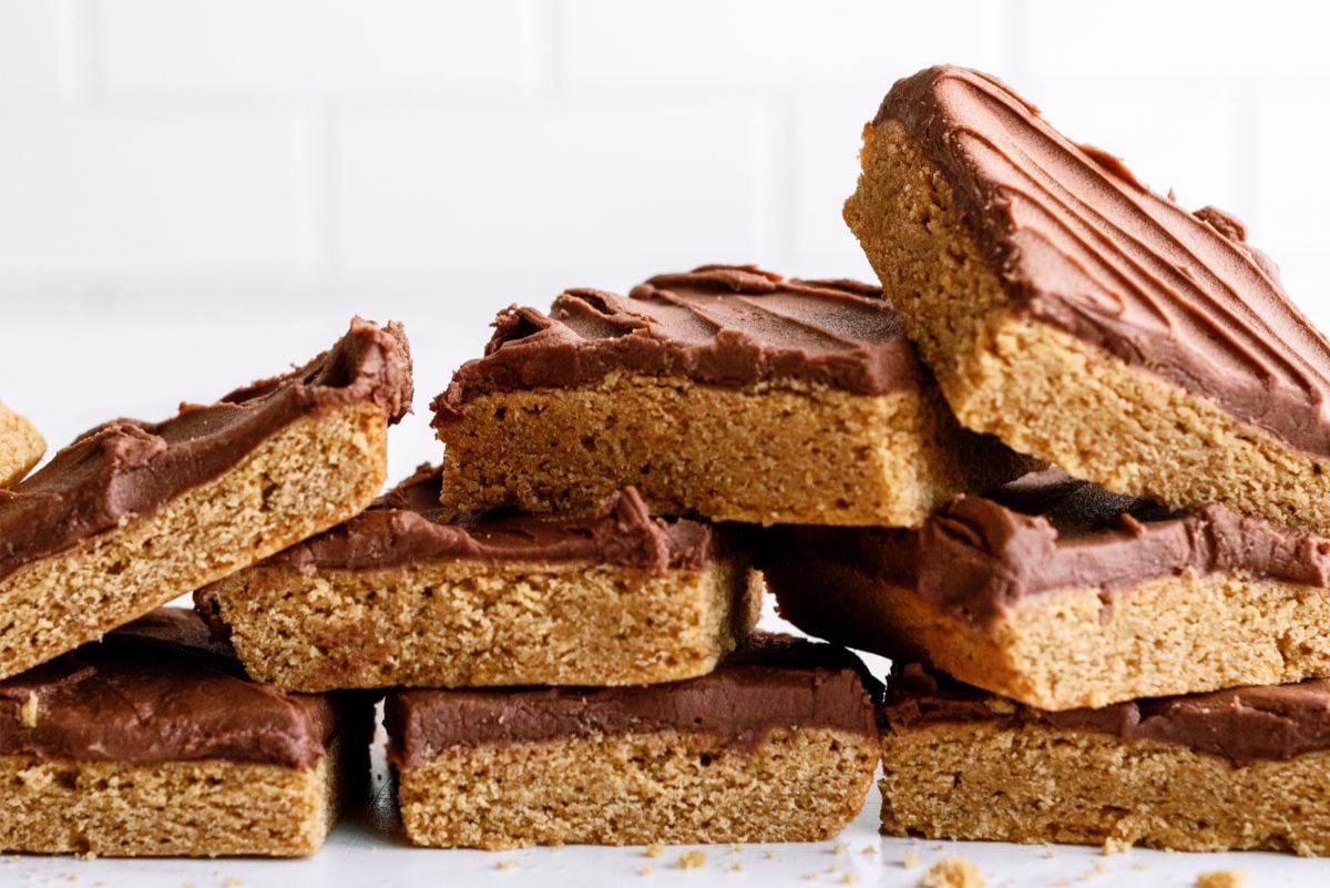 Cake Mix Peanut Butter Bars cut into squares and stacked
