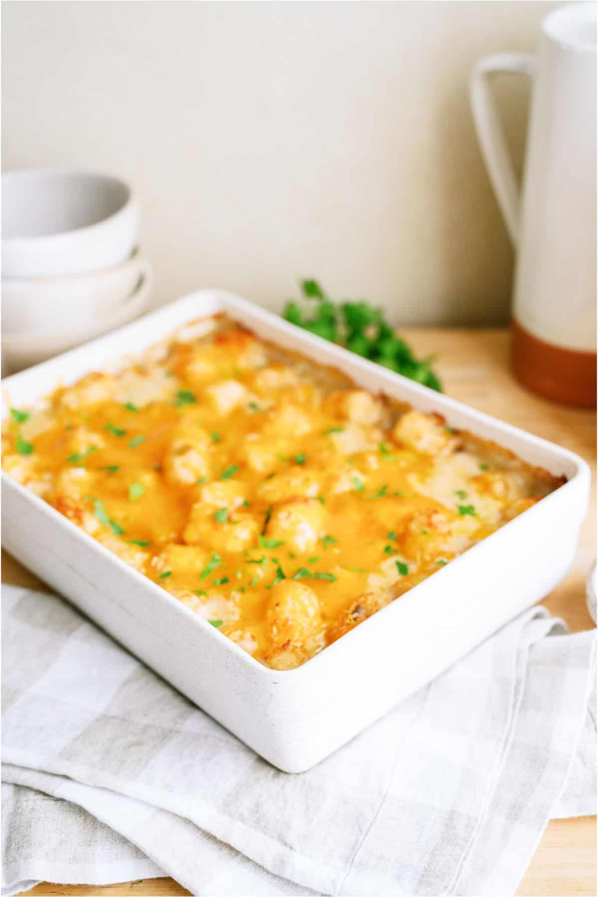 Cowboy Casserole (Tater Tot Casserole) in a white casserole dish.