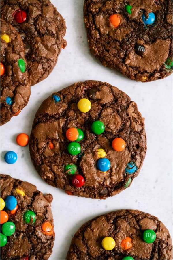 Top view of Easy Brownie Mix Cookies on a white background.