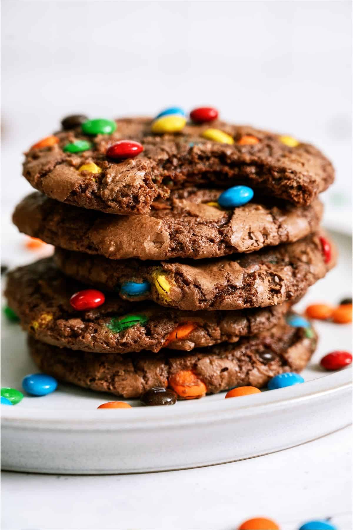 Easy Brownie Mix Cookies stacked on a white plate.