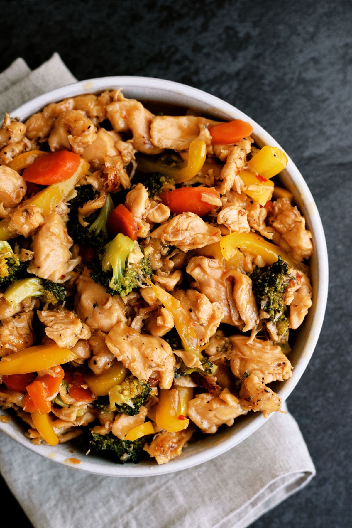 Top view of a bowl of Instant Pot Chicken and Veggie Stir Fry
