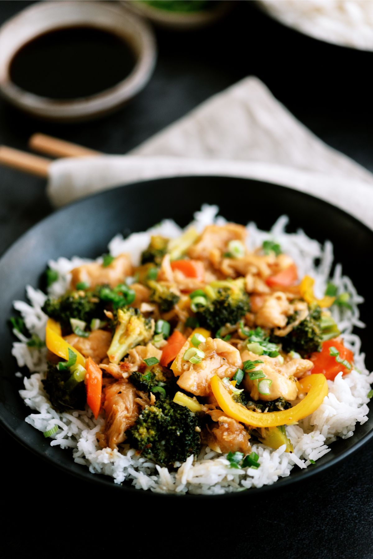 Instant Pot Chicken and Veggie Stir Fry served over rice