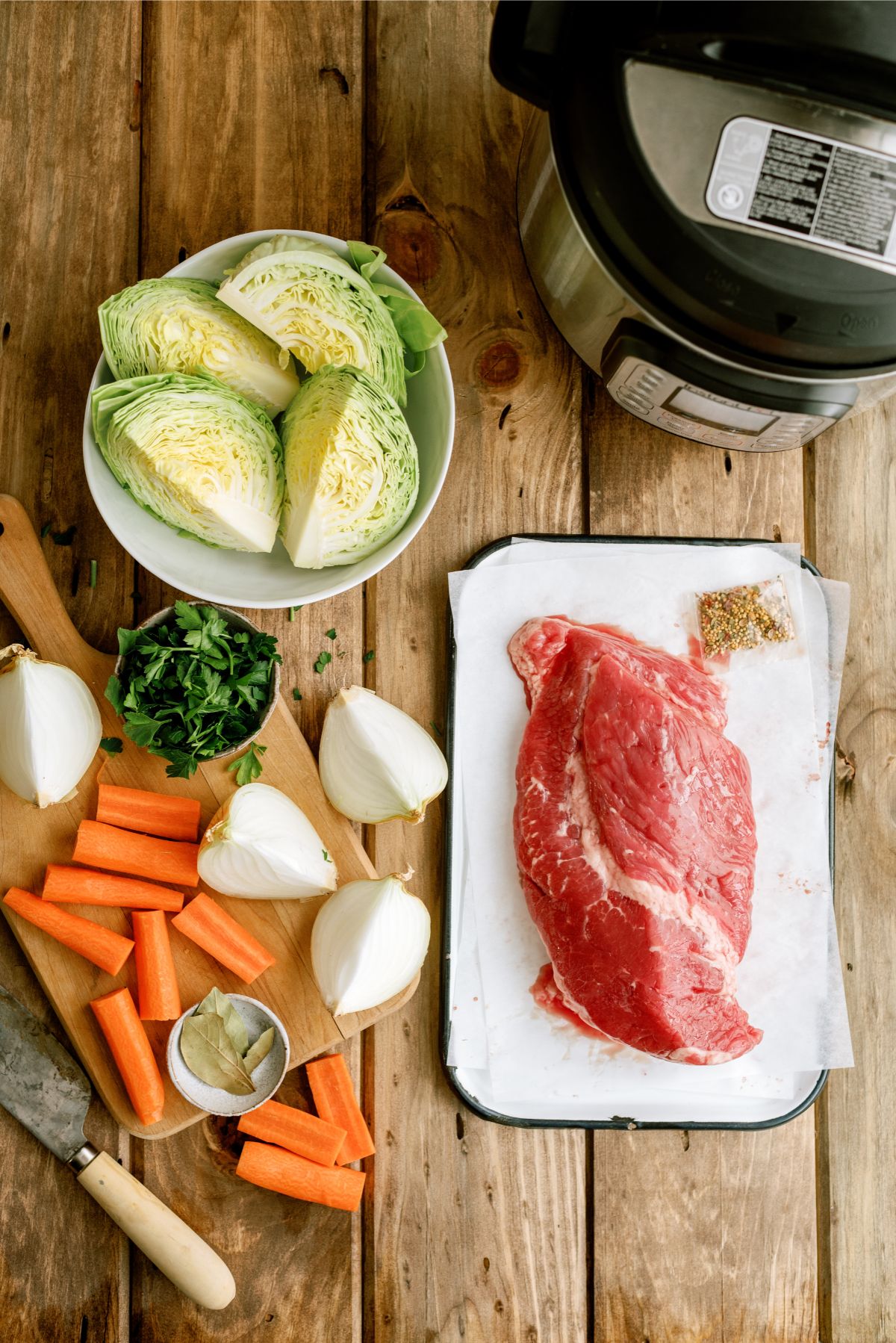 Ingredients needed to make Instant Pot Corned Beef and Cabbage